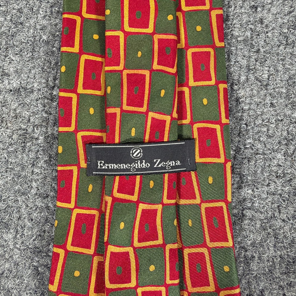 Ermenegildo Zegna Mens Silk Tie Red Green Geometric Pattern Made in Italy #4916